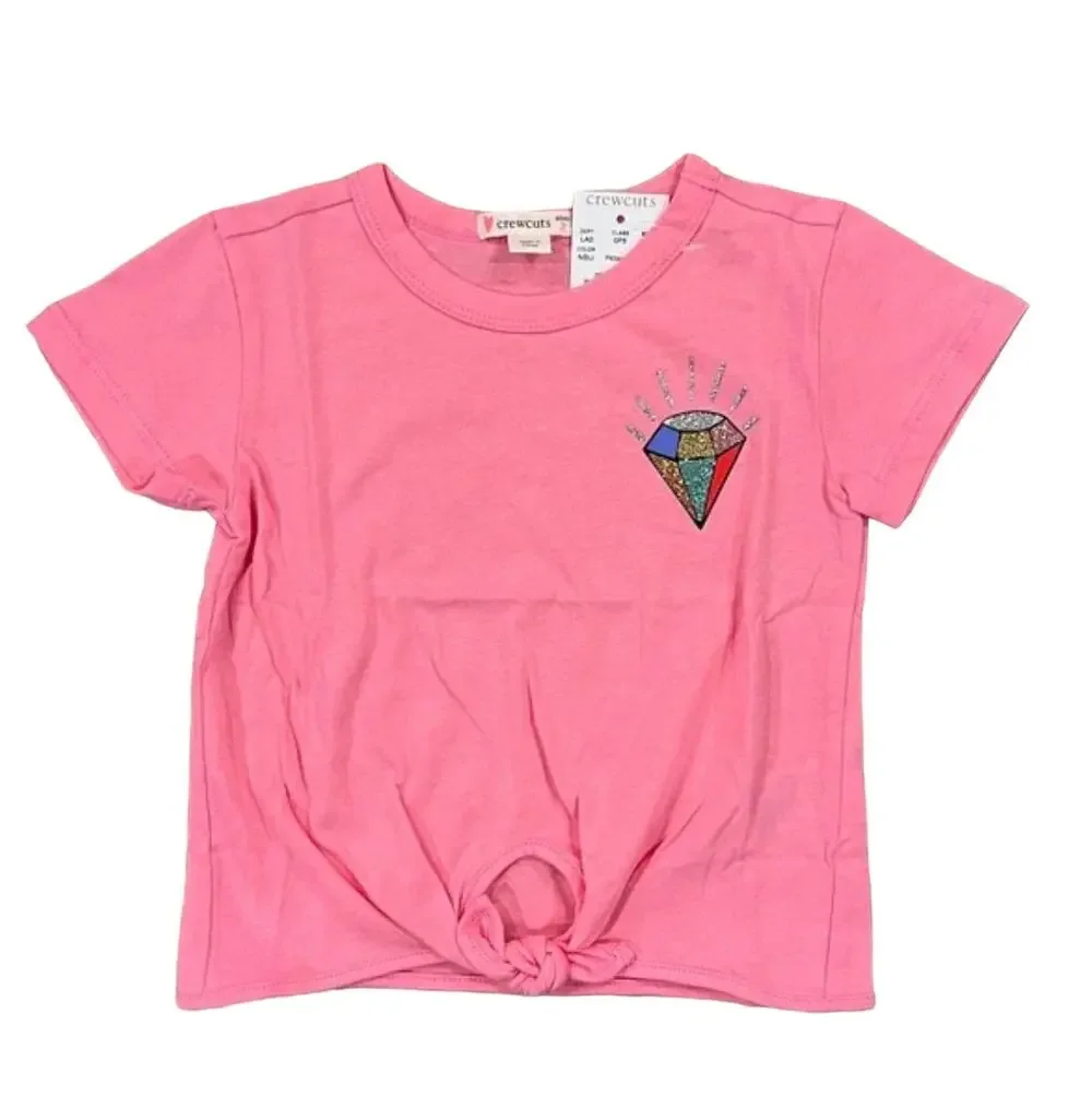 NWT J. Crew Girls' Pink W/Glitter Gem Front-Tie Tee - SIZE 2